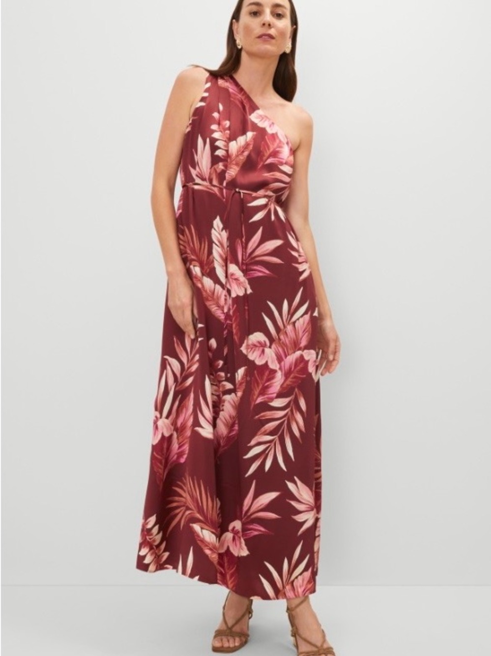 Ann Taylor Silk One-Shoulder Floral Dress in Burgundy and Pink